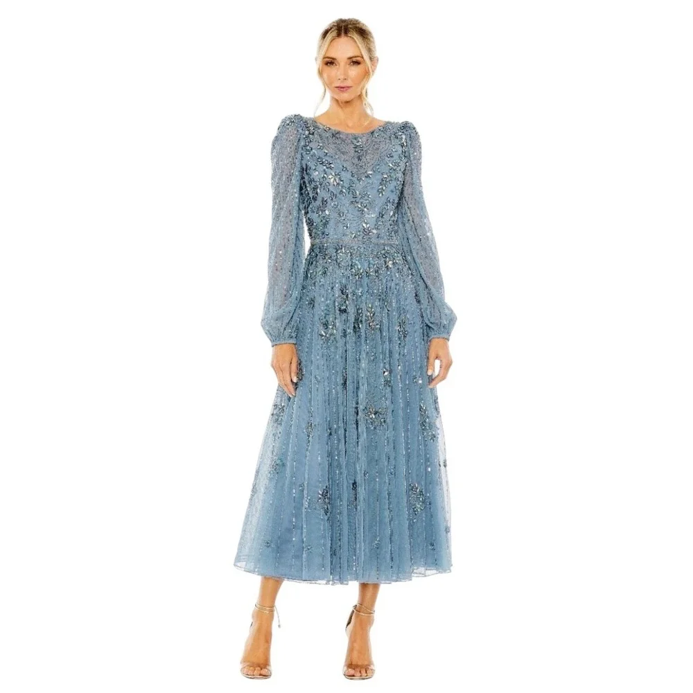 Mac Duggal 5990 Slate Blue Floral Beaded Bishop Sleeve Midi Dress Size 10 $698